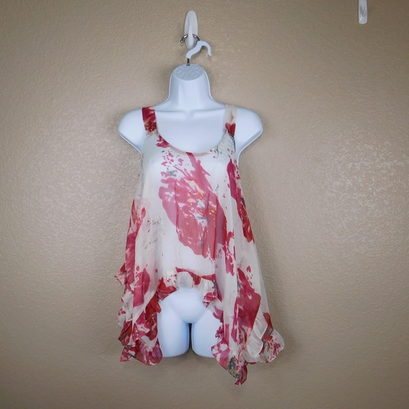 NWT Arden B Sheer Red Floral Ruffle Blouse - Picture 1 of 4